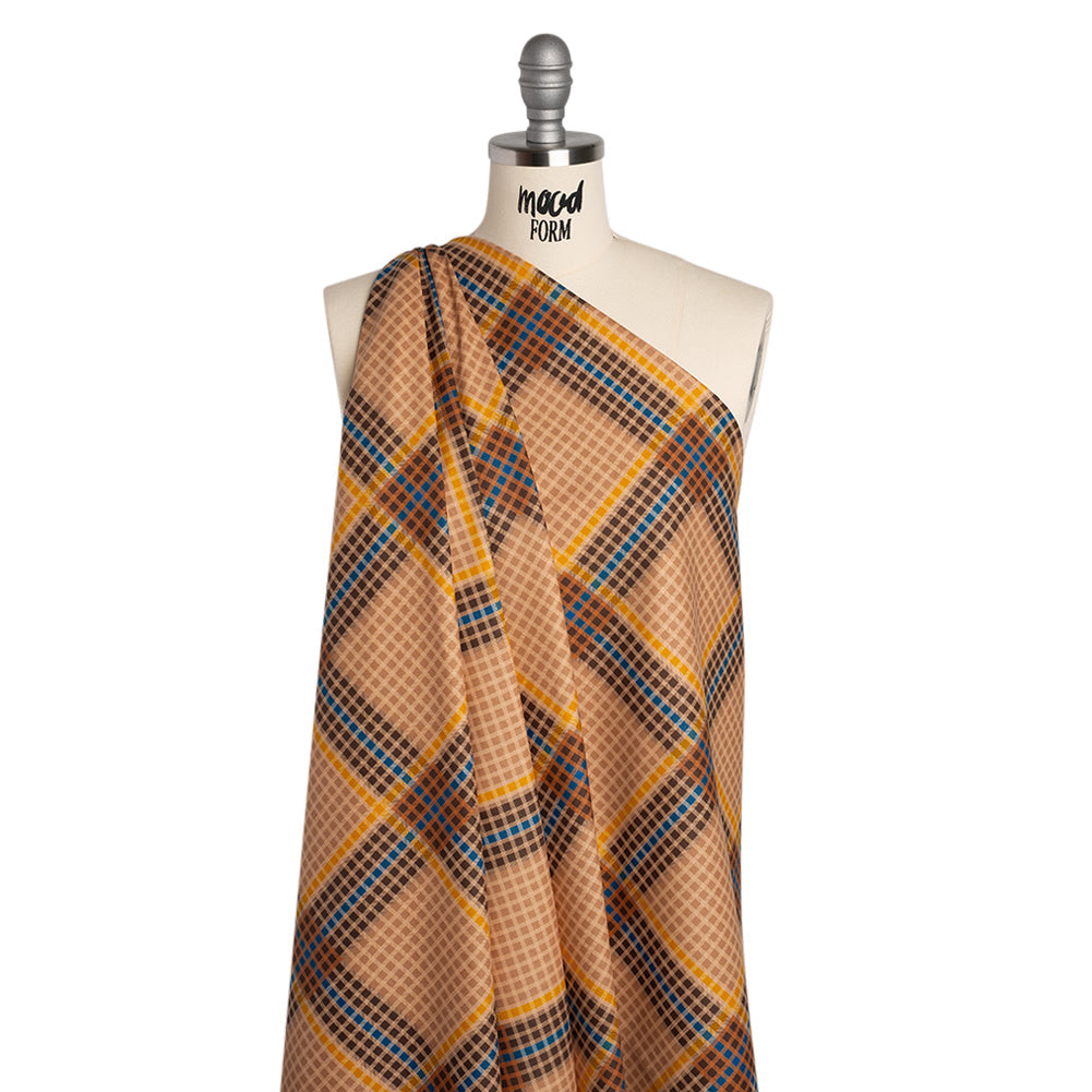Peached Polyester Twill - Brown, Blue and Yellow Plaid - Mood Exclusive Plot Point Print