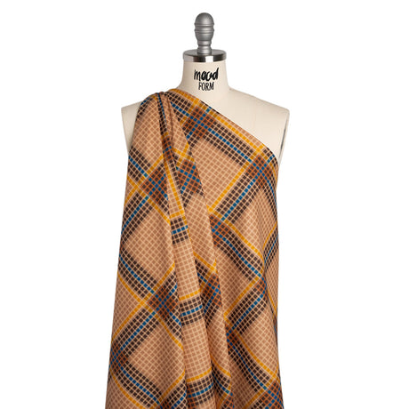 Peached Polyester Twill - Brown, Blue and Yellow Plaid - Mood Exclusive Plot Point Print