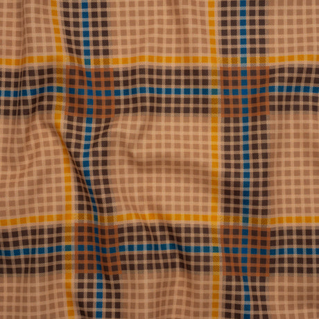 Peached Polyester Twill - Brown, Blue and Yellow Plaid - Mood Exclusive Plot Point Print
