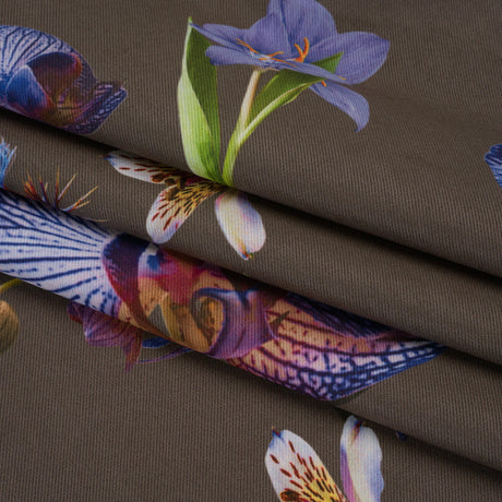 Peached Polyester Twill - Taupe, Blue and Green Orchids - Mood Exclusive Petal Reverie Print