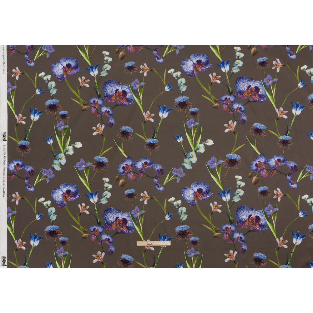 Peached Polyester Twill - Taupe, Blue and Green Orchids - Mood Exclusive Petal Reverie Print