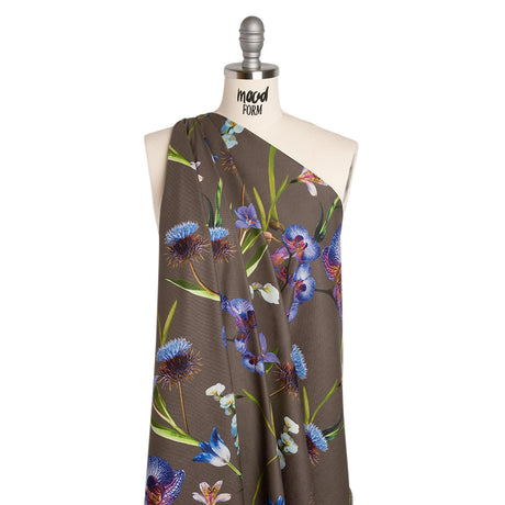 Peached Polyester Twill - Taupe, Blue and Green Orchids - Mood Exclusive Petal Reverie Print