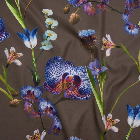 Peached Polyester Twill - Taupe, Blue and Green Orchids - Mood Exclusive Petal Reverie Print