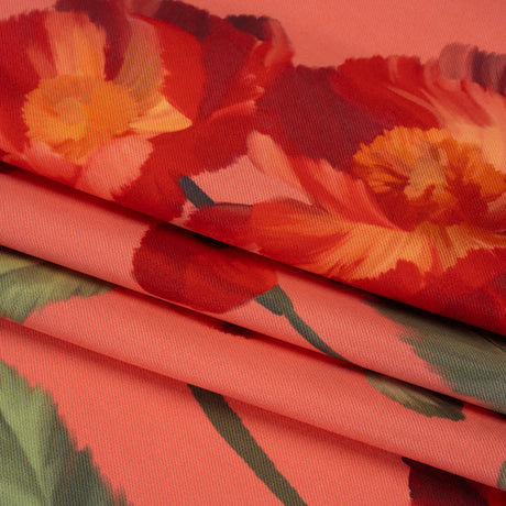 Peached Polyester Twill - Dark Pink, Green and Red Poppies and Leaves - Mood Exclusive A Portrait of Poppies Print