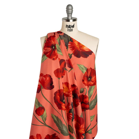 Peached Polyester Twill - Dark Pink, Green and Red Poppies and Leaves - Mood Exclusive A Portrait of Poppies Print
