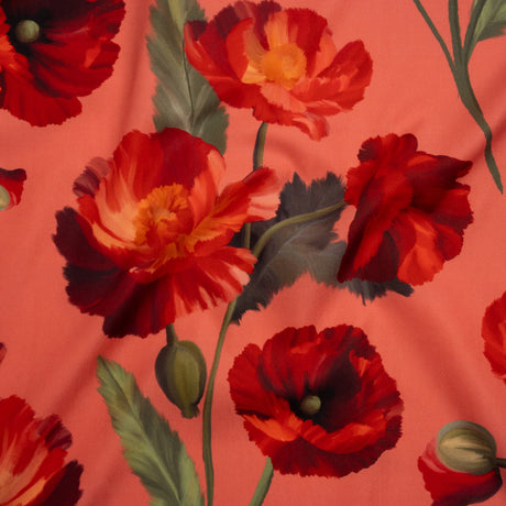 Peached Polyester Twill - Dark Pink, Green and Red Poppies and Leaves - Mood Exclusive A Portrait of Poppies Print