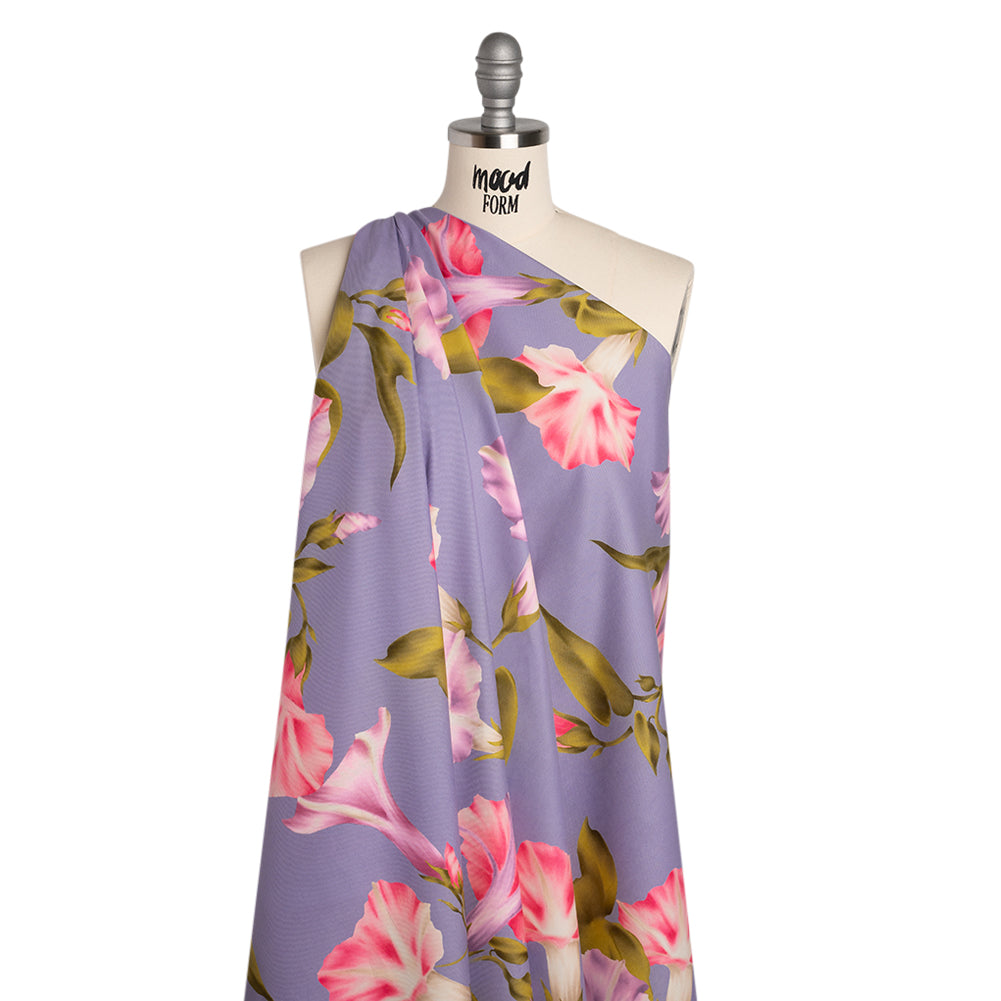 Peached Polyester Twill - Periwinkle, Pink and Green Morning Glory Flowers - Mood Exclusive Morning Metamorphosis Print