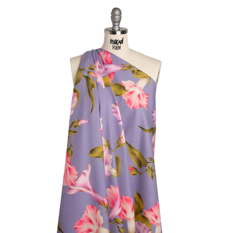 Peached Polyester Twill - Periwinkle, Pink and Green Morning Glory Flowers - Mood Exclusive Morning Metamorphosis Print