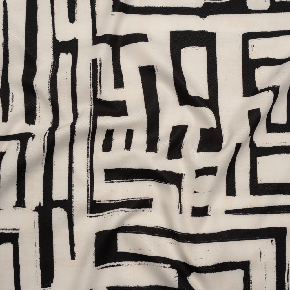 Peached Polyester Twill - Black and White Geometric Painting - Mood Exclusive Mobius Maze Print