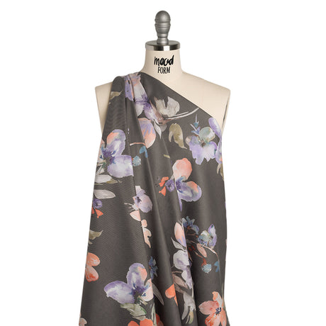 Peached Polyester Twill - Gray, Peach and Lilac Watercolor Flowers - Mood Exclusive Meadow Musings Print