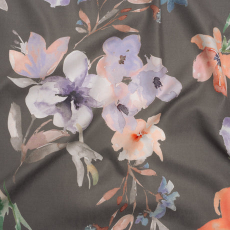 Peached Polyester Twill - Gray, Peach and Lilac Watercolor Flowers - Mood Exclusive Meadow Musings Print