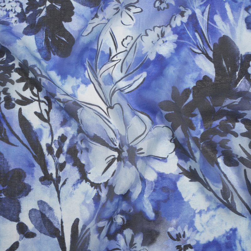 Viscose and Polyester Crepe Organza - Royal Blue and Black Dreamy Florals - Mood Exclusive Dream Weaver Print