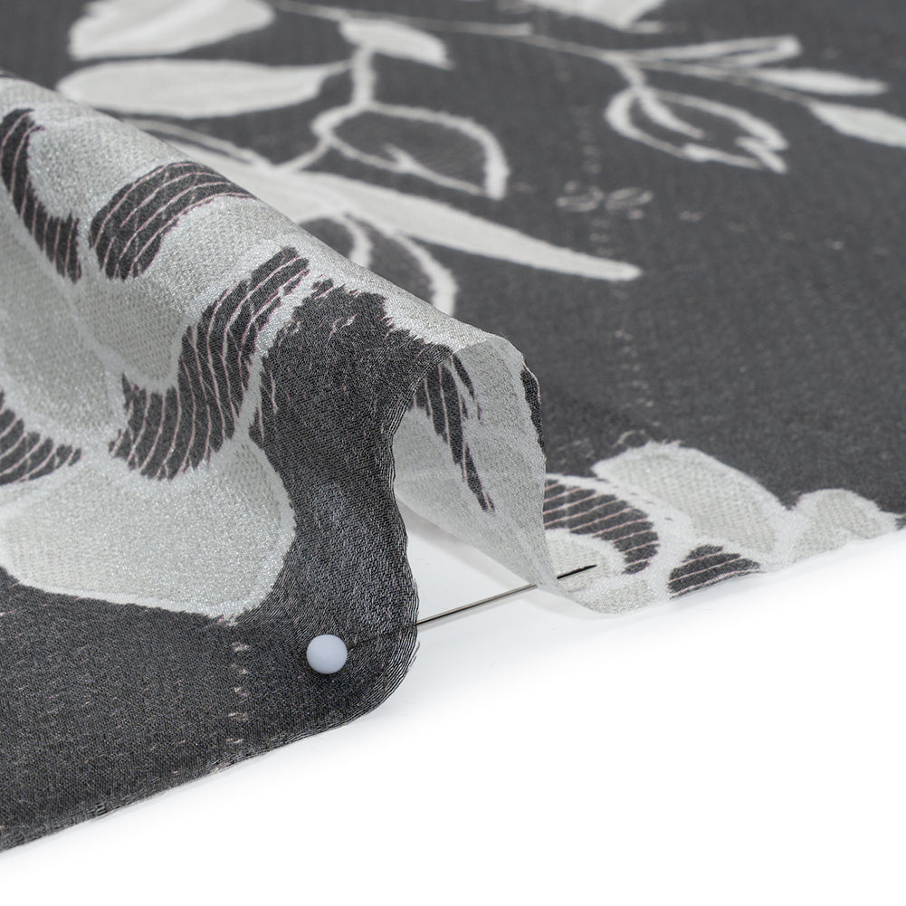 Viscose and Polyester Crepe Organza - Charcoal and Silver Roses - Mood Exclusive Sweet Morning Fog Print