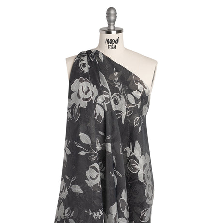 Viscose and Polyester Crepe Organza - Charcoal and Silver Roses - Mood Exclusive Sweet Morning Fog Print