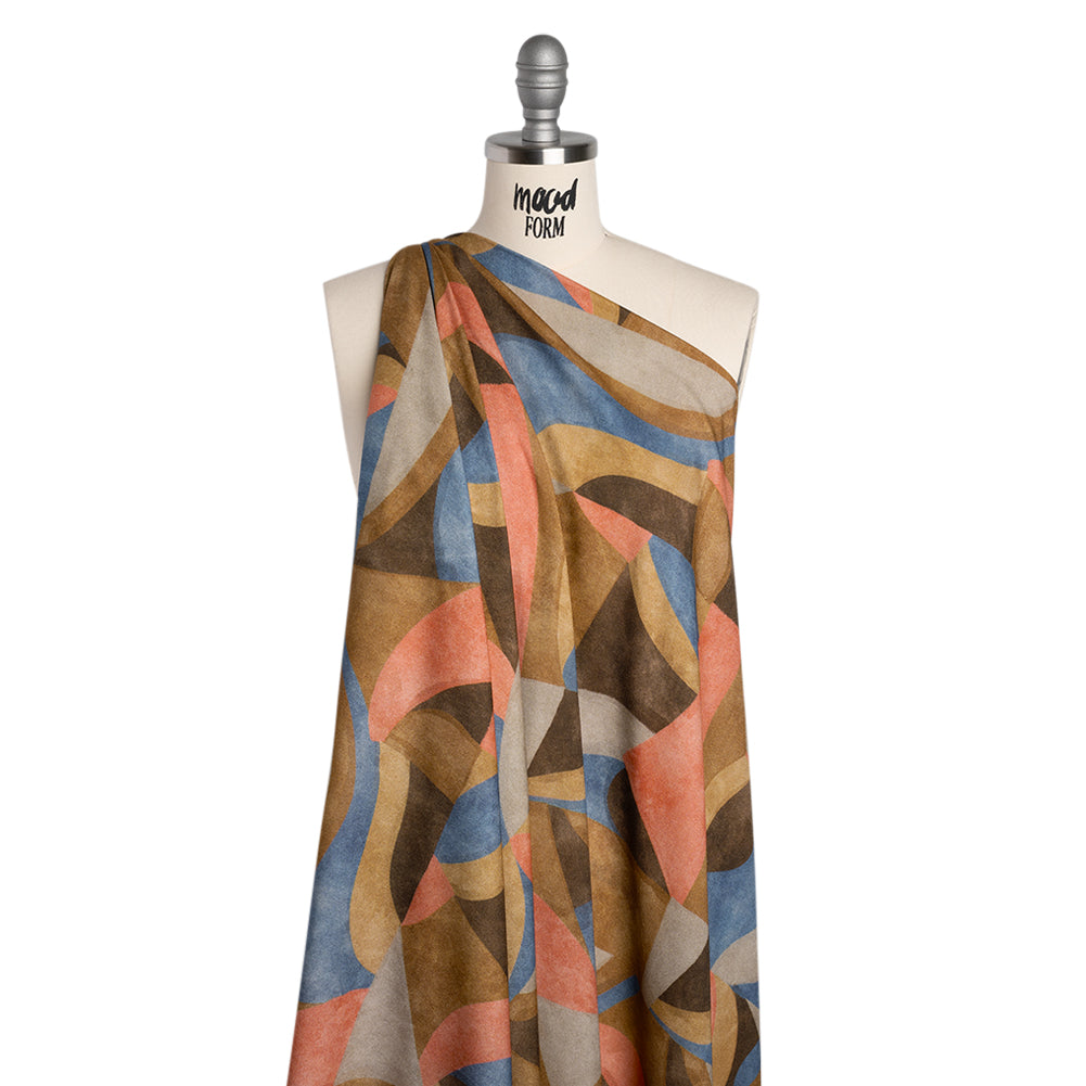 Viscose Crepe - Tan, Rose Coral and Muted Blue Abstract Shapes - Mood Exclusive Drifting Intentions Print