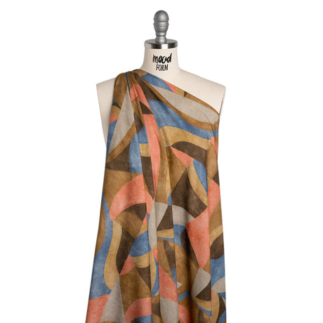 Viscose Crepe - Tan, Rose Coral and Muted Blue Abstract Shapes - Mood Exclusive Drifting Intentions Print