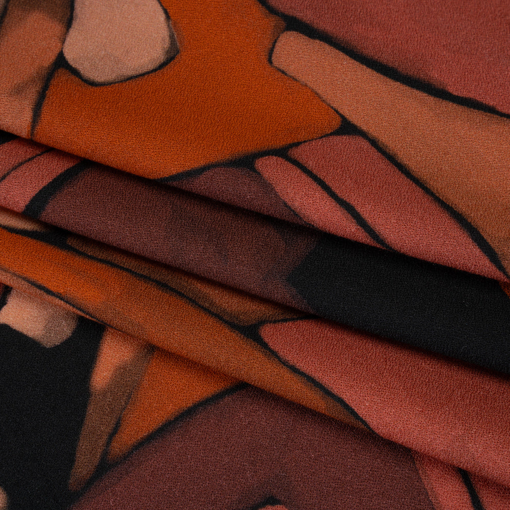 Viscose Crepe - Burgundy, Orange and Peach Abstract Blocks - Mood Exclusive Tumbling Blocks Print
