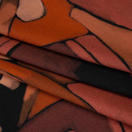 Viscose Crepe - Burgundy, Orange and Peach Abstract Blocks - Mood Exclusive Tumbling Blocks Print