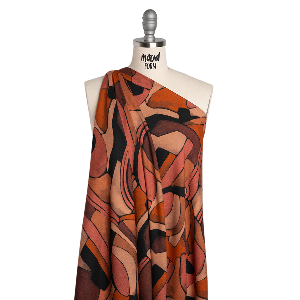Viscose Crepe - Burgundy, Orange and Peach Abstract Blocks - Mood Exclusive Tumbling Blocks Print