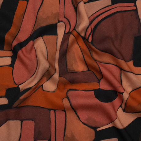 Viscose Crepe - Burgundy, Orange and Peach Abstract Blocks - Mood Exclusive Tumbling Blocks Print