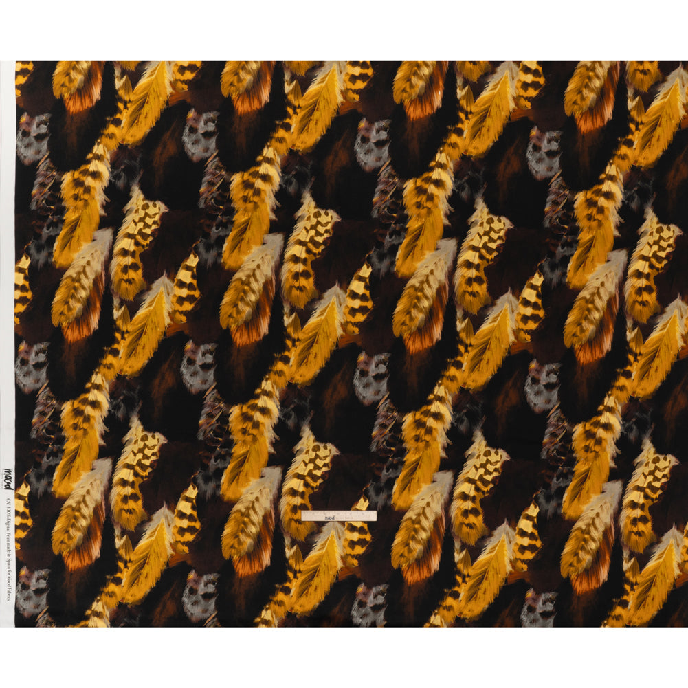 Viscose Crepe - Black, Dark Brown and Golden Yellow Feathers - Mood Exclusive Flight of Fire Print