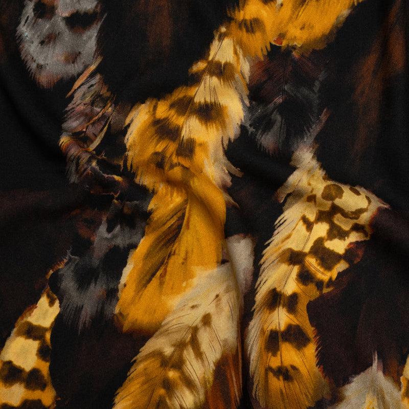 Viscose Crepe - Black, Dark Brown and Golden Yellow Feathers - Mood Exclusive Flight of Fire Print