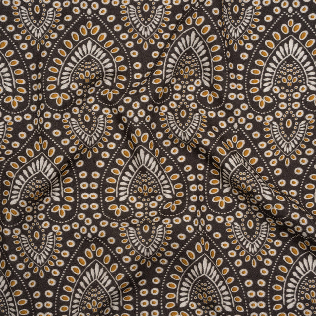 Viscose Crepe - Charcoal, Golden Yellow and White Anthemion Paisley - Mood Exclusive Gilded Garland Print