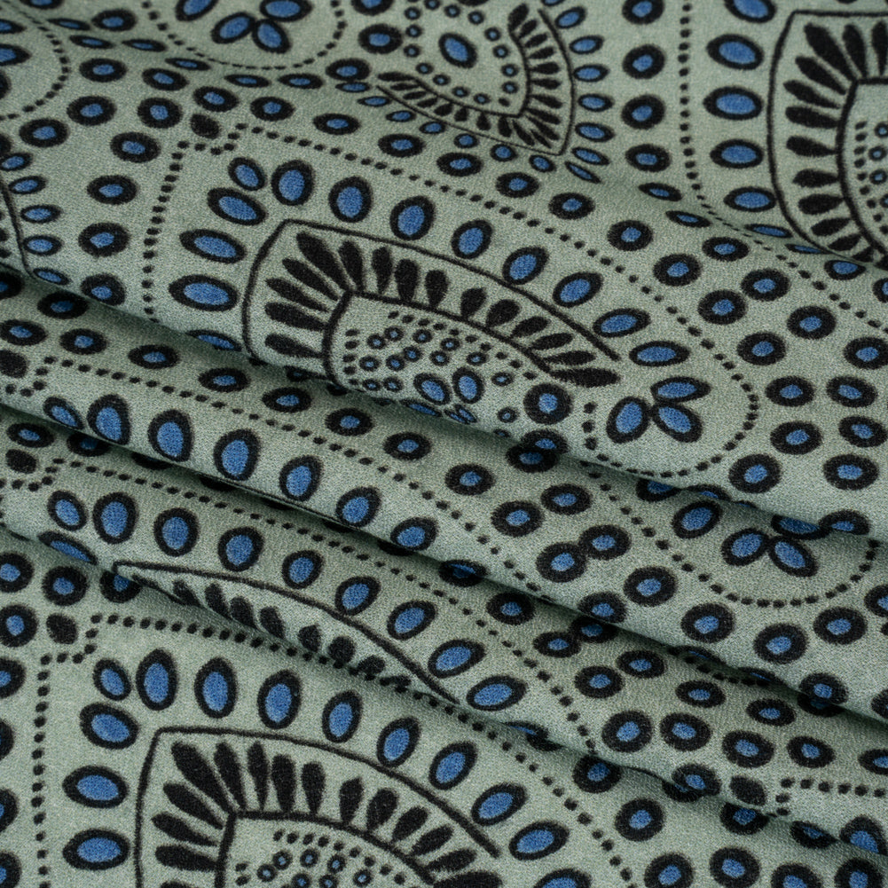Viscose Crepe - Aqua, Blue and Black Anthemion Paisley - Mood Exclusive Gilded Garland Print