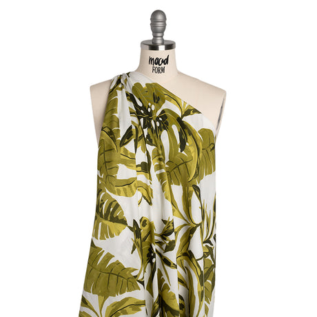 Rayon Challis - Green and White Tropical Leaves - Mood Exclusive Paradise Rhapsody Print