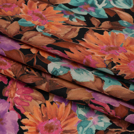 Rayon Challis - Brown, Purple and Blue Green Painted Flowers - Mood Exclusive Watercolor Wonderland Print