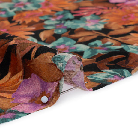 Rayon Challis - Brown, Purple and Blue Green Painted Flowers - Mood Exclusive Watercolor Wonderland Print