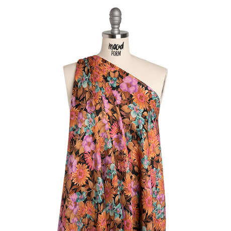 Rayon Challis - Brown, Purple and Blue Green Painted Flowers - Mood Exclusive Watercolor Wonderland Print