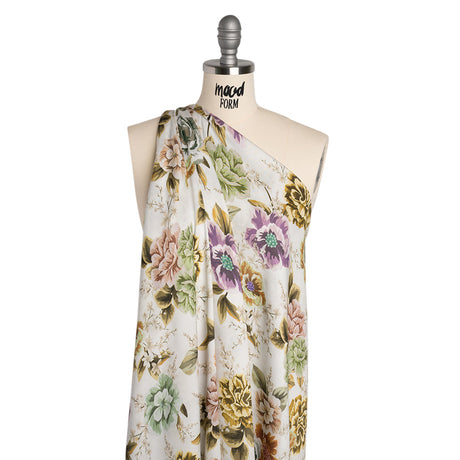 Rayon Challis - White, Soft Green and Muted Pink Floral - Mood Exclusive Rosewood Reverie Print