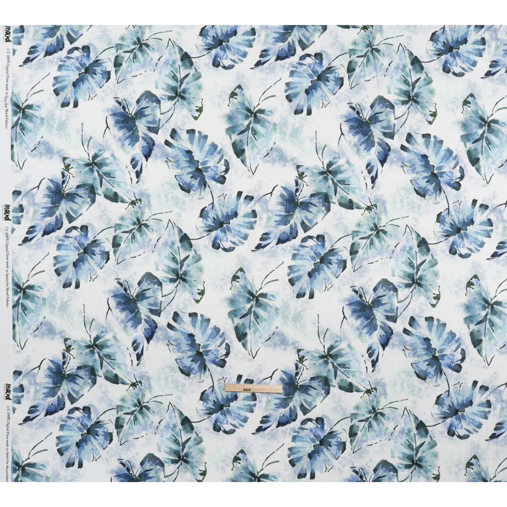 Rayon Challis - Dark Blue and Hunter Green Watercolor Leaves - Mood Exclusive Whispering Waterfall Print