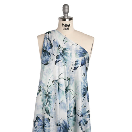Rayon Challis - Dark Blue and Hunter Green Watercolor Leaves - Mood Exclusive Whispering Waterfall Print