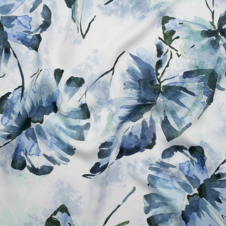 Rayon Challis - Dark Blue and Hunter Green Watercolor Leaves - Mood Exclusive Whispering Waterfall Print
