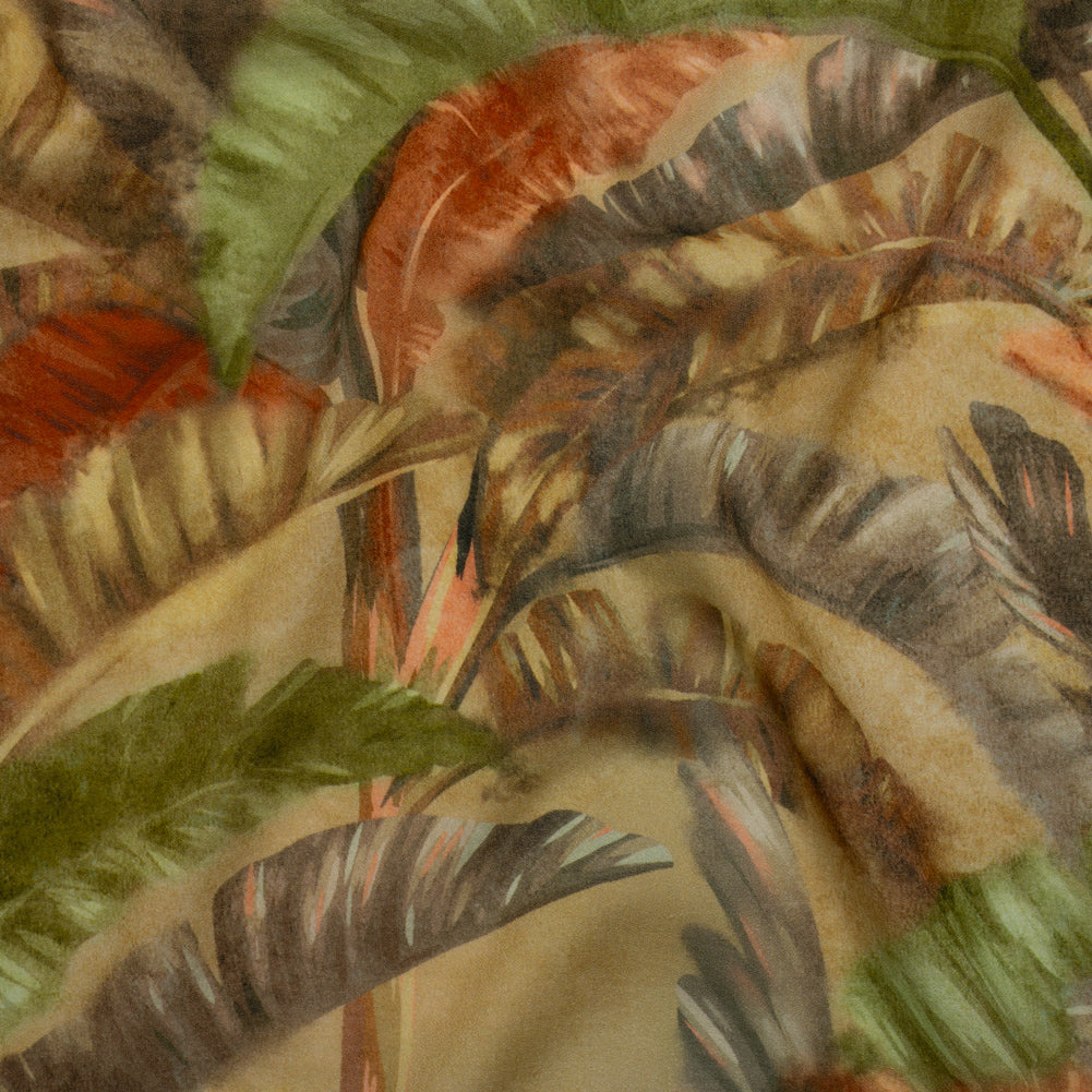 Cotton Crepe - Green and Orange Palm Leaves - Mood Exclusive Frond Fantasy Print