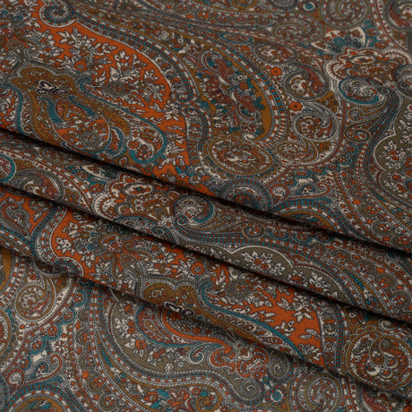 Cotton Crepe - Dark Orange, Blue and Brown Paisley - Mood Exclusive Filigree Flow Print