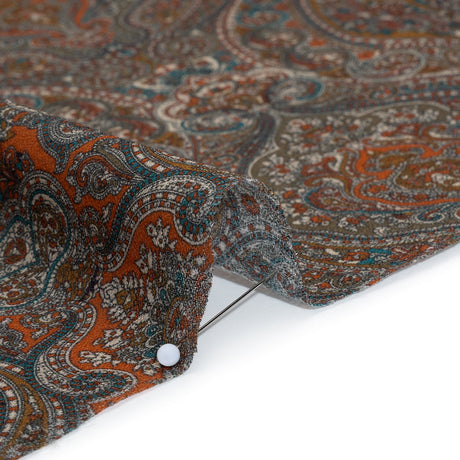 Cotton Crepe - Dark Orange, Blue and Brown Paisley - Mood Exclusive Filigree Flow Print