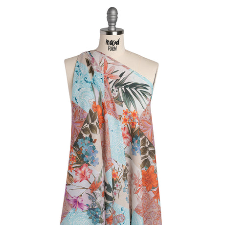 Cotton Crepe - Coral, Purple and Turquoise Floral and Paisley Patchwork - Mood Exclusive Tropical Tapestry Print