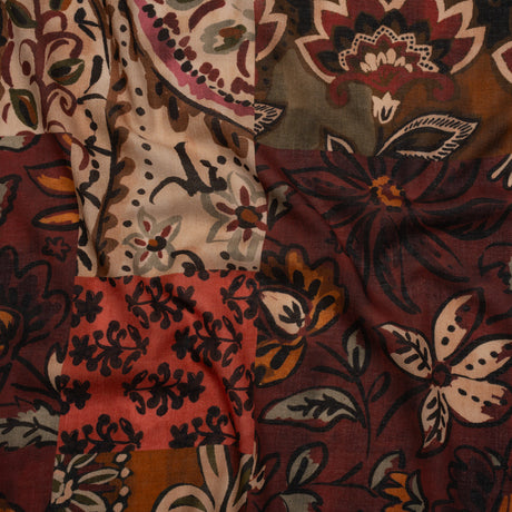 Cotton Crepe - Burgundy, Burnt Orange and Beige Floral Patchwork - Mood Exclusive Bordeaux Blossoms Print
