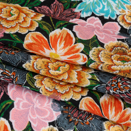 Cotton Crepe - Orange, Pink and Blue Textured Flowers - Mood Exclusive Curiouser and Curiouser Print