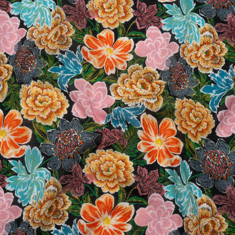 Cotton Crepe - Orange, Pink and Blue Textured Flowers - Mood Exclusive Curiouser and Curiouser Print