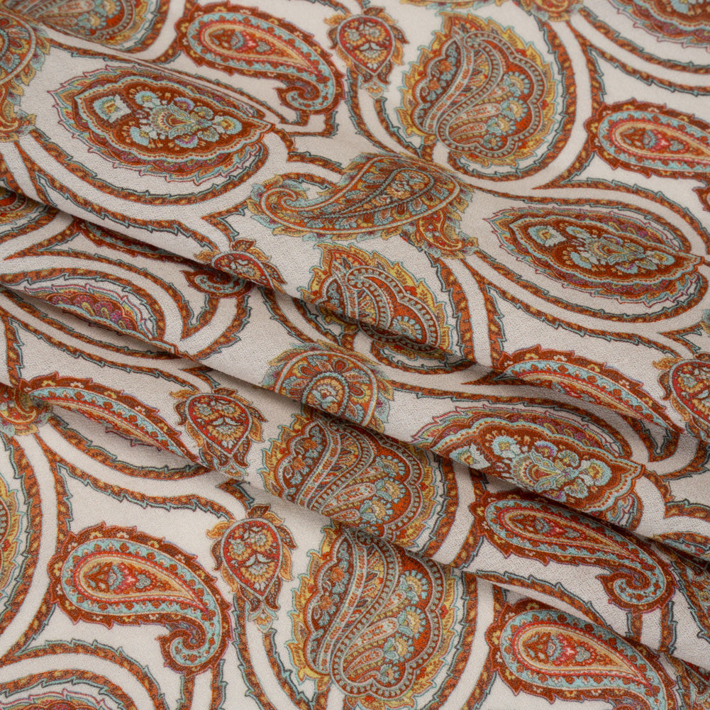 Cotton Crepe - White, Red and Sky Blue Paisley - Mood Exclusive Scroll Spectrum Print