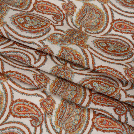 Cotton Crepe - White, Red and Sky Blue Paisley - Mood Exclusive Scroll Spectrum Print