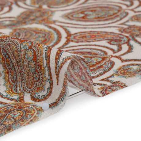 Cotton Crepe - White, Red and Sky Blue Paisley - Mood Exclusive Scroll Spectrum Print