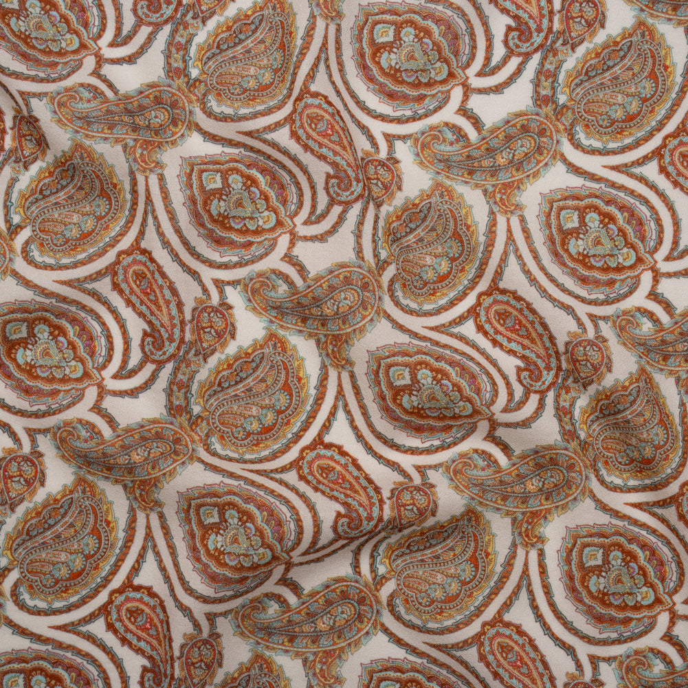 Cotton Crepe - White, Red and Sky Blue Paisley - Mood Exclusive Scroll Spectrum Print