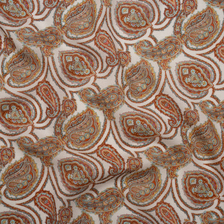 Cotton Crepe - White, Red and Sky Blue Paisley - Mood Exclusive Scroll Spectrum Print