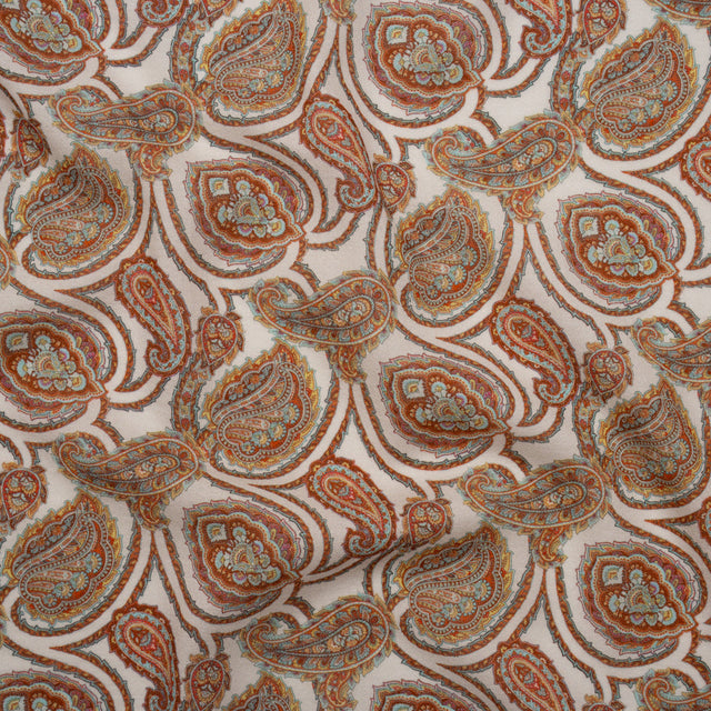 Cotton Crepe - White, Red and Sky Blue Paisley - Mood Exclusive Scroll Spectrum Print