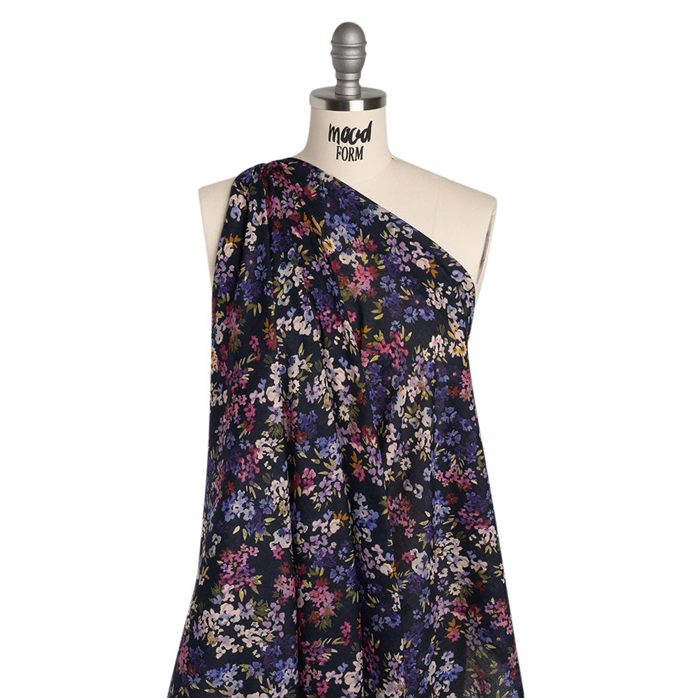 Cotton Crepe - Navy, Magenta and Indigo Little Watercolor Flowers - Mood Exclusive Sonnet for Summer Print